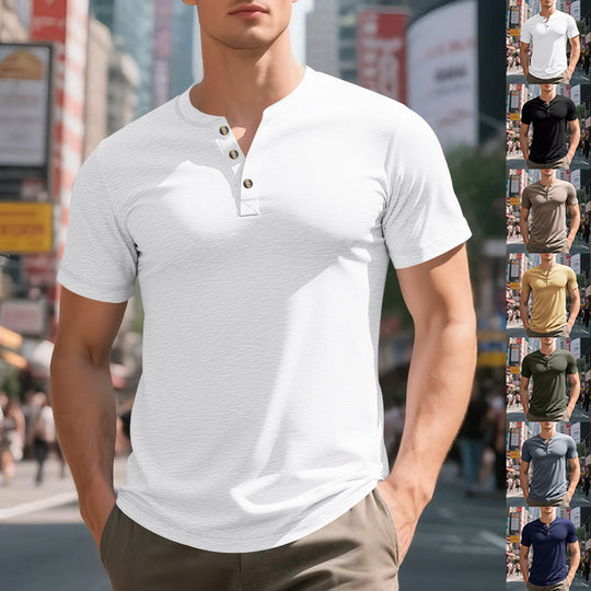 Herren Kurzarm-Henley-T-Shirt aus weicher Baumwolle mit dekorativer Knopfleiste EB