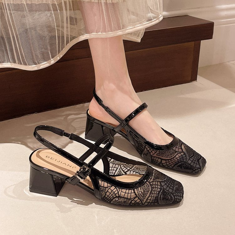 Damen Slingback-Pumps mit floralem Spitzenmuster und elegantem Blockabsatz EB
