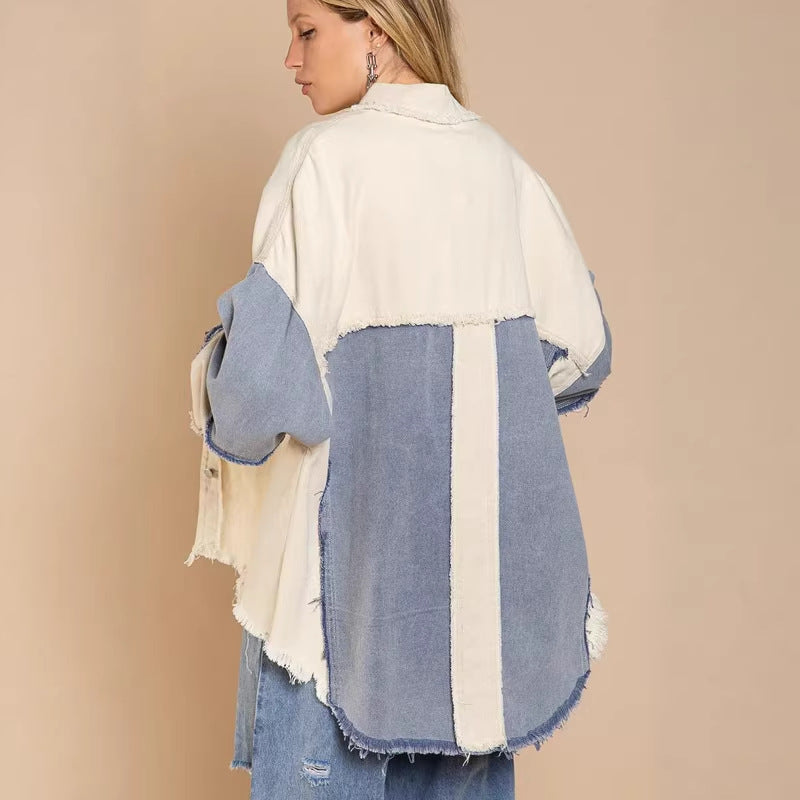 Damen Oversized Denim Jacke mit einzigartigen Farbblöcken und fransigen Details EB