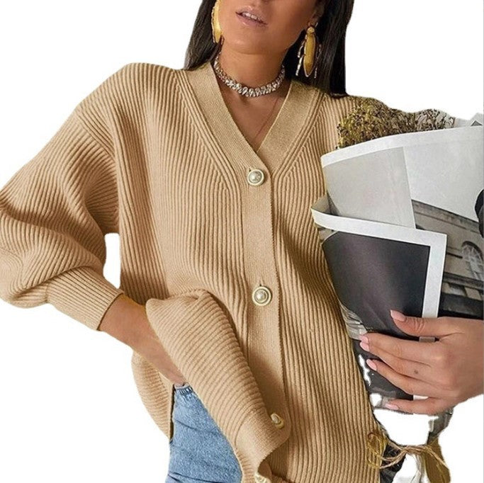 Damen Übergroße Strickjacke mit tiefem V-Ausschnitt und eleganten Knöpfen EB
