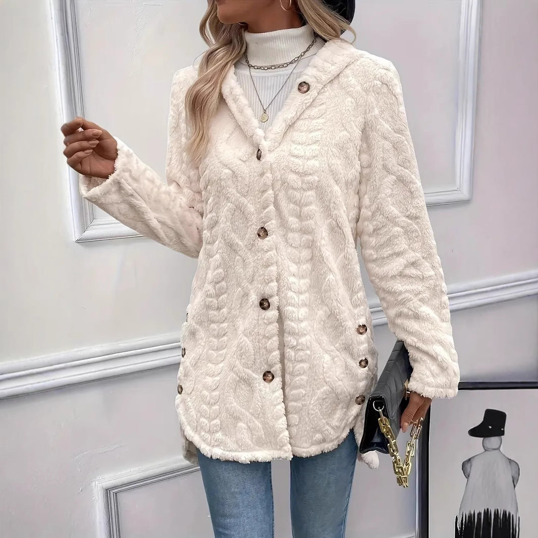 Damen Plüschjacke mit Kapuze und Knopfverschluss EB