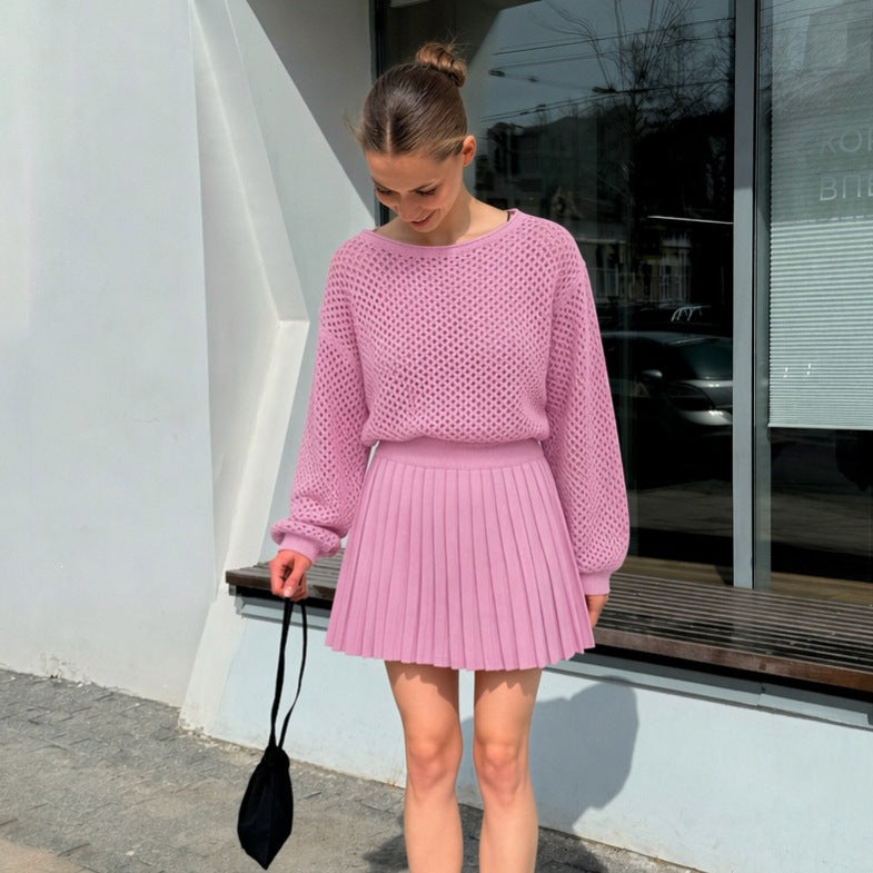 Damen oversized Netzstrickpullover mit plissiertem Minirock-Set Eichborn Berlin