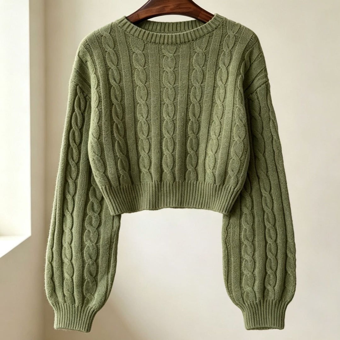 Damen Cropped Zopfmuster-Strickpullover mit kastiger Silhouette und Ballonärmeln EB