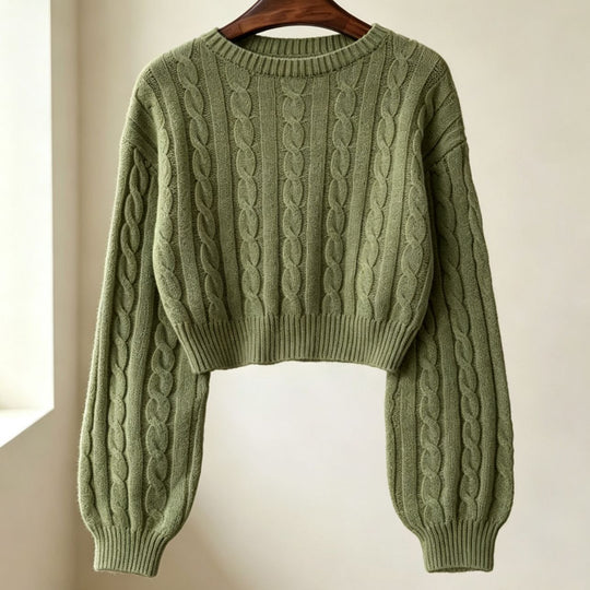 Damen Cropped Zopfmuster-Strickpullover mit kastiger Silhouette und Ballonärmeln EB