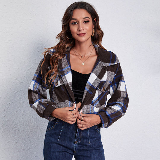 Damen Kariertes Hemdjacke mit weitem Schnitt und lässigen Details EB