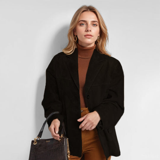 Damen nan Oversize Wildlederblazer mit Reverskragen und aufgesetzten Taschen EB