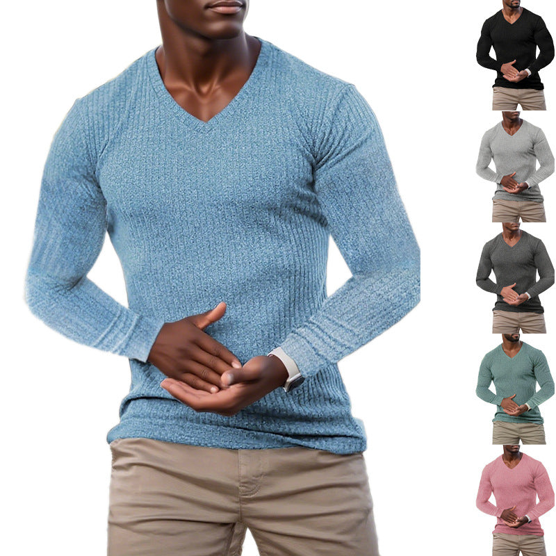 Herren elegantes V-Ausschnitt Pullover aus strukturiertem Strickmaterial EB