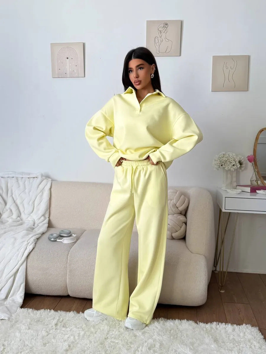 Damen weites Polo-Lounge-Set mit elastischem Tunnelzugbund und Wide‑Leg-Jogginghose Eichborn Berlin