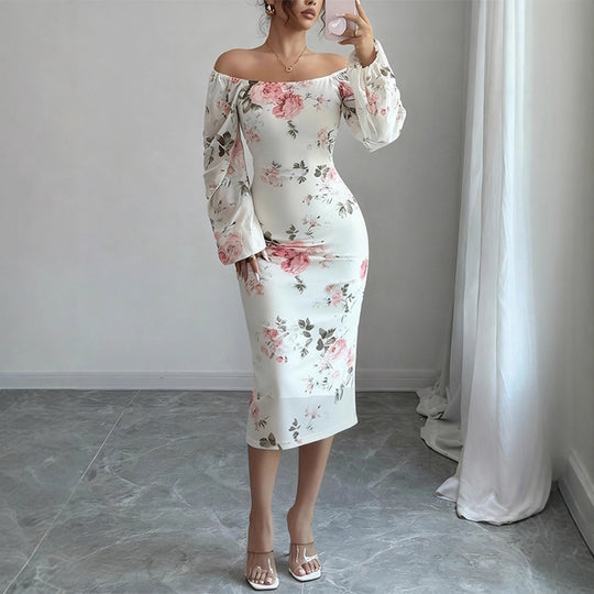 Damen Tailliertes Midikleid mit quadratischem Ausschnitt, Ballonärmeln und floralem Stretchjersey EB