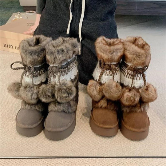 Damen Flauschige Winterboots mit dekorativem Kunstfell und praktischen Schnürdetails EB