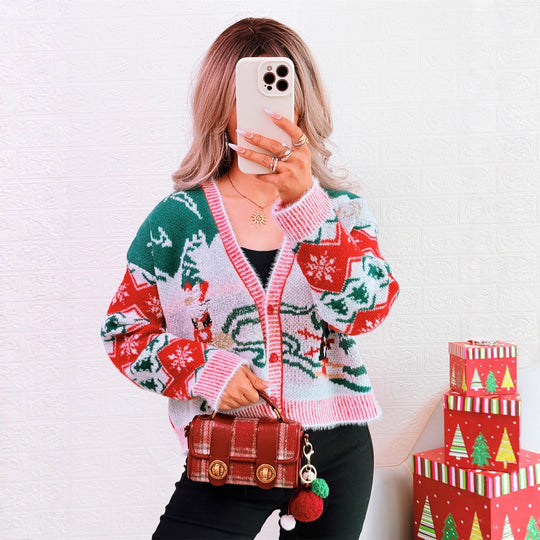 Damen Strickjacke im festlichen Design mit Weihnachtsmotiven EB