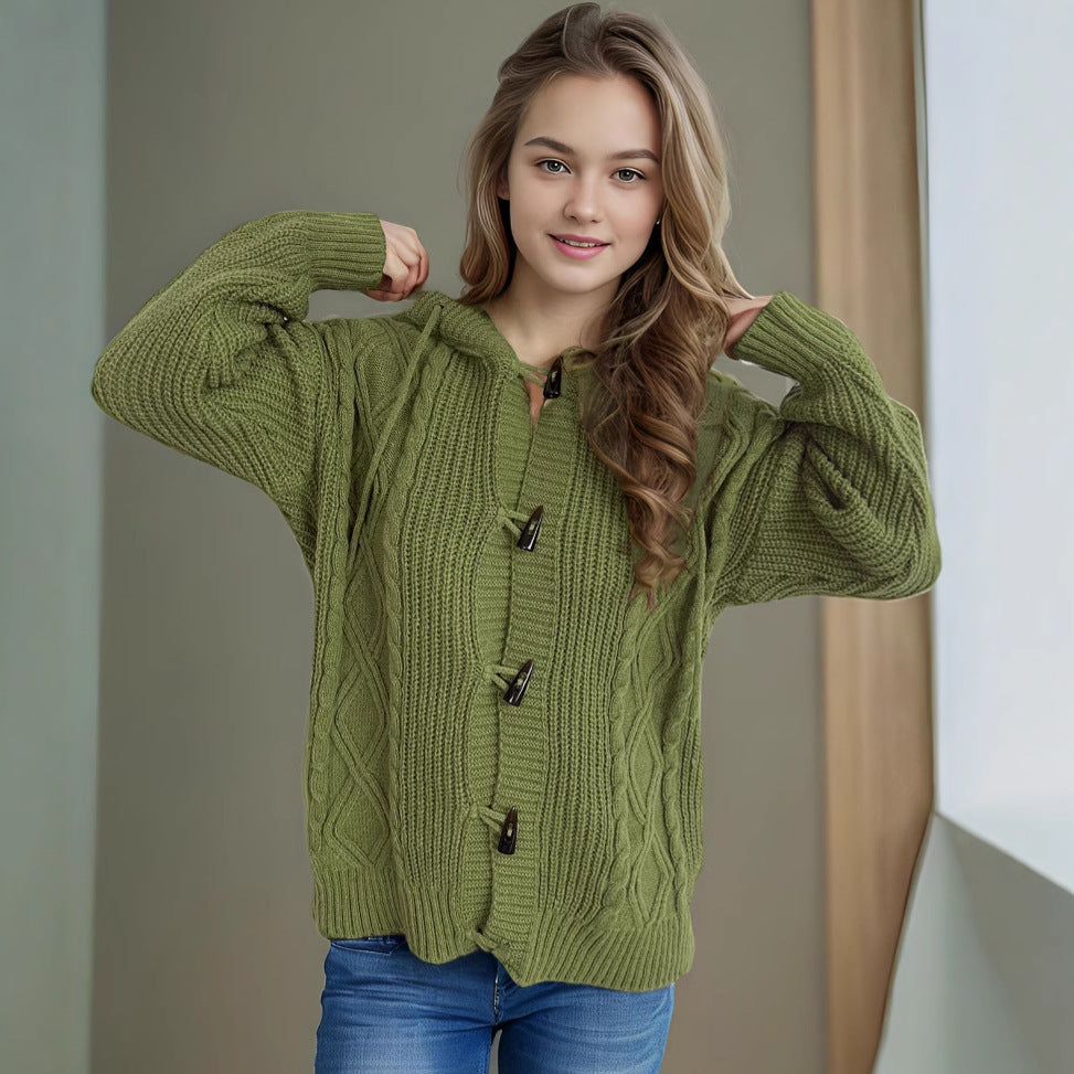 Damen Grobstrickjacke mit Kapuze und Zopfmuster EB