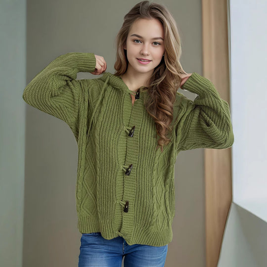 Damen Grobstrickjacke mit Kapuze und Zopfmuster EB
