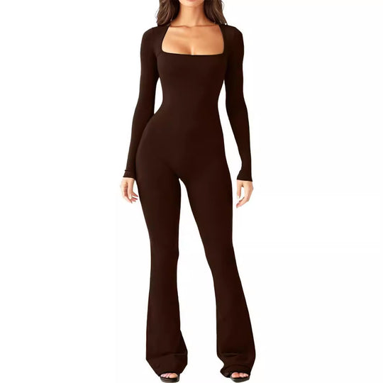 Damen Eleganter Langarm-Jumpsuit mit weitem Bein und tiefem Ausschnitt EB