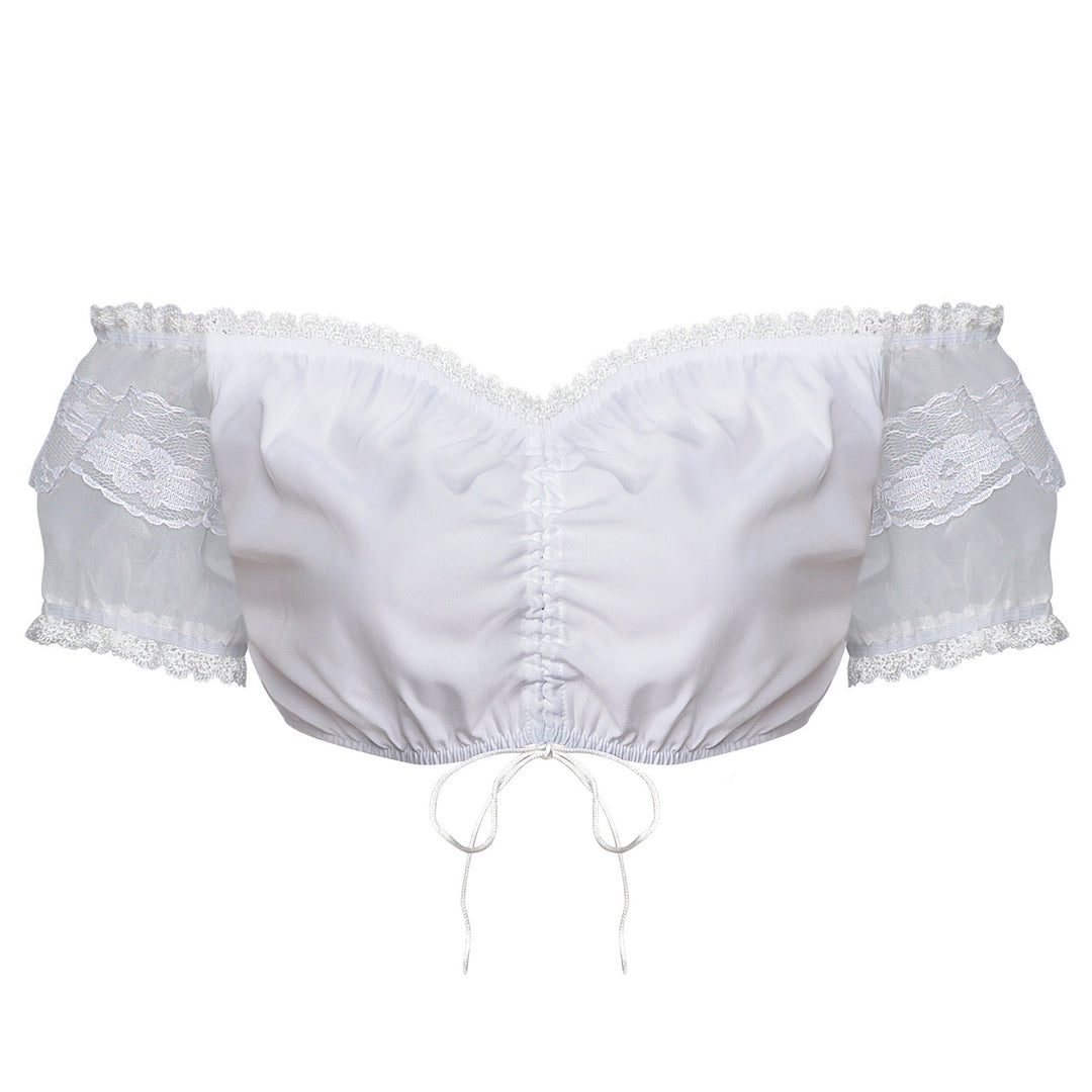 Damen nan Spitzenbolero Bluse mit Stehkragen, 3/4 Ärmeln und Bindeband EB