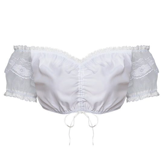 Damen nan Spitzenbolero Bluse mit Stehkragen, 3/4 Ärmeln und Bindeband EB
