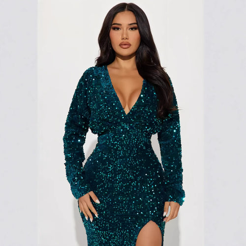 Damen Glamouröses Pailletten-Maxikleid mit tiefem V-Ausschnitt und eleganten Ärmelverzierungen EB