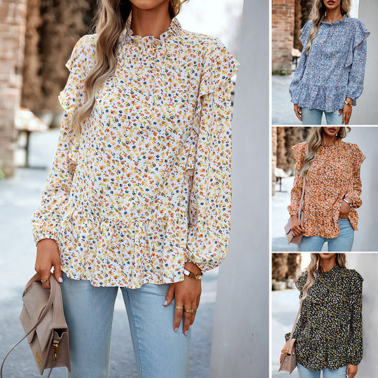 Damen nan geblümte Chiffon-Bluse mit gerafftem Stehkragen, Volant-Schultern und tailliertem Stufen-Saum EB