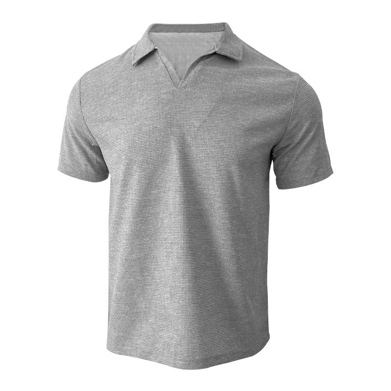 Herren nan leichtes Kurzarm-Polo aus Waffeljersey mit offenem V-Ausschnitt und Hemdkragen EB