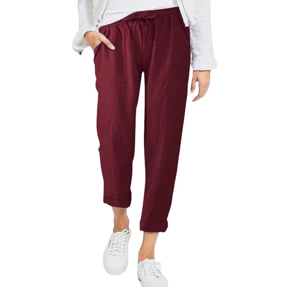 Damen entspannte Leinenhose mit elastischem Bund und praktischen Taschen EB