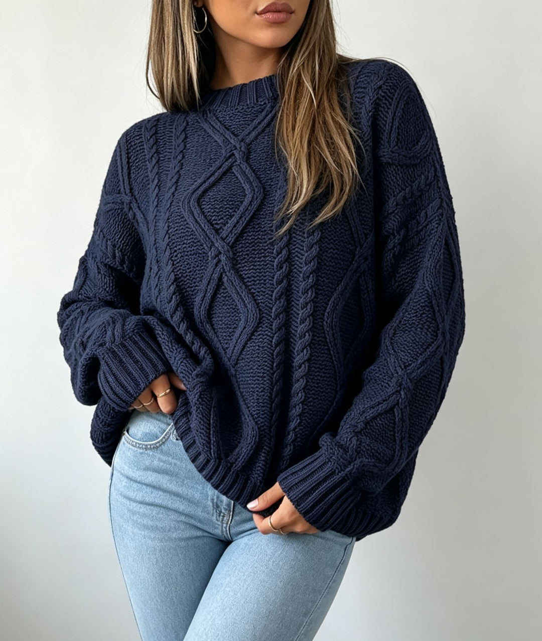 Damen Oversize Flechtstrick-Pullover mit Zopfmuster und Rundhals EB