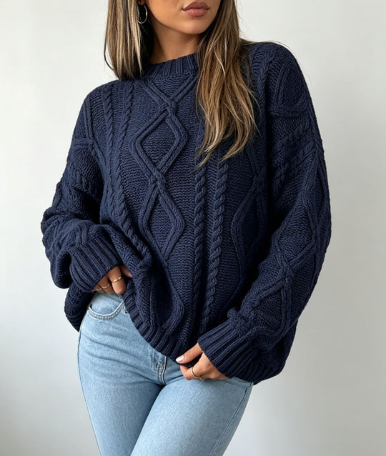 Damen Oversize Flechtstrick-Pullover mit Zopfmuster und Rundhals EB