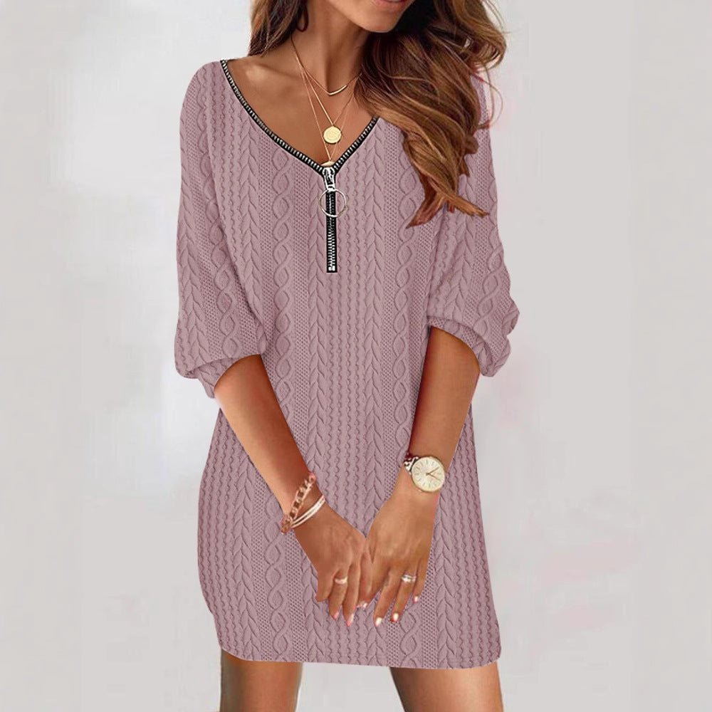 Damen lässiges Strickkleid mit modernem Reißverschluss EB