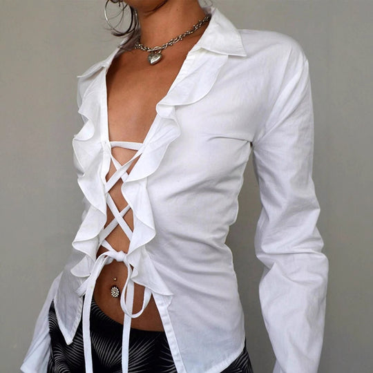 Damen Bluse mit voluminösem Rüschendesign und taillierbarem Schnitt EB