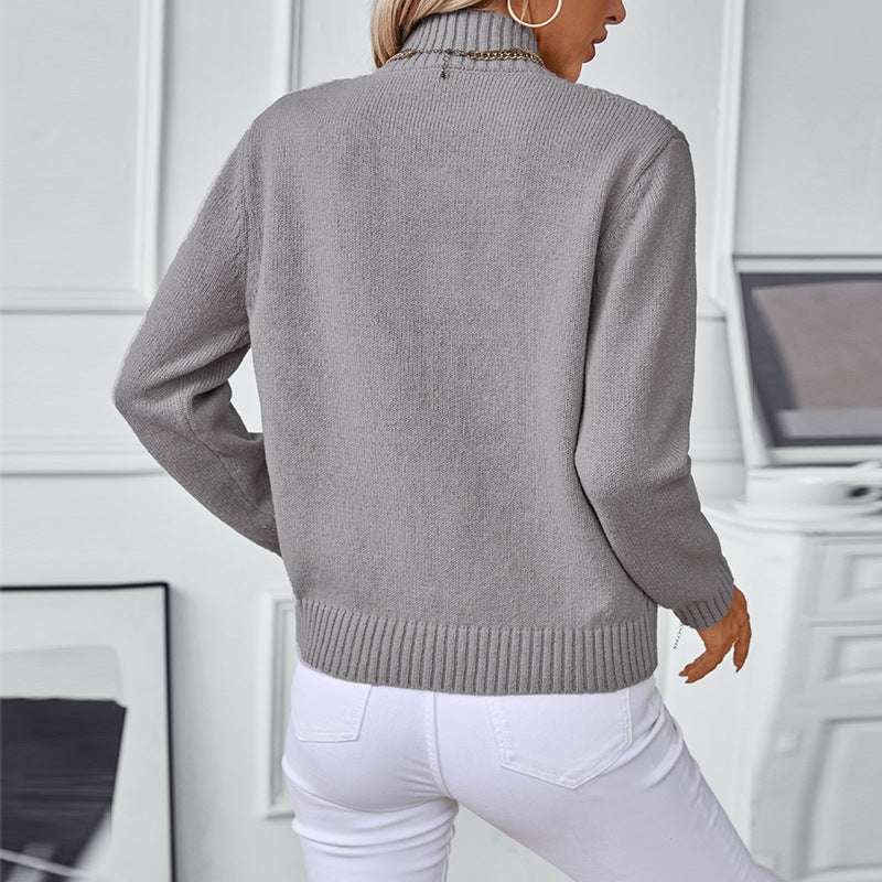Damen modischer Strickpullover mit hochschließendem Kragen und V-Design EB