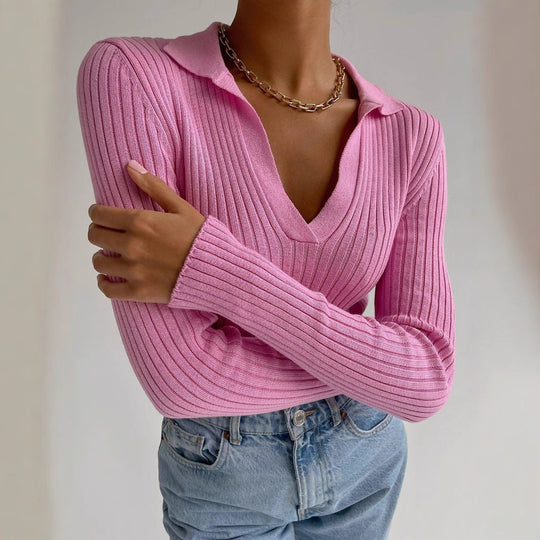 Damen Eleganter, gerippter Pullover mit tiefem V-Ausschnitt EB