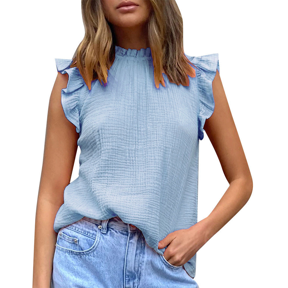 Damen luftige Bluse mit Rüschendetails und Stehkragen EB