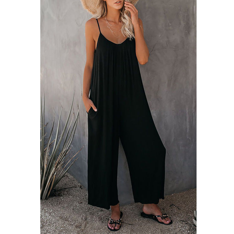 Damen Lässiger Sommer-Jumpsuit mit tiefem Ausschnitt und praktischen Taschen EB