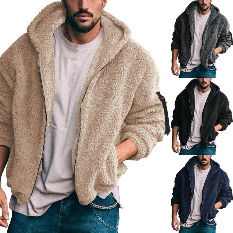 Herren kuschelige Teddyjacke mit seitlichen Reißverschlusstaschen und Kapuze EB