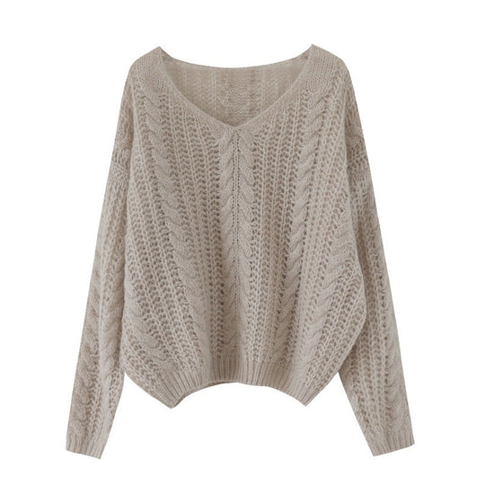 Damen Grobstrickpullover mit V-Ausschnitt und luftiger Struktur EB