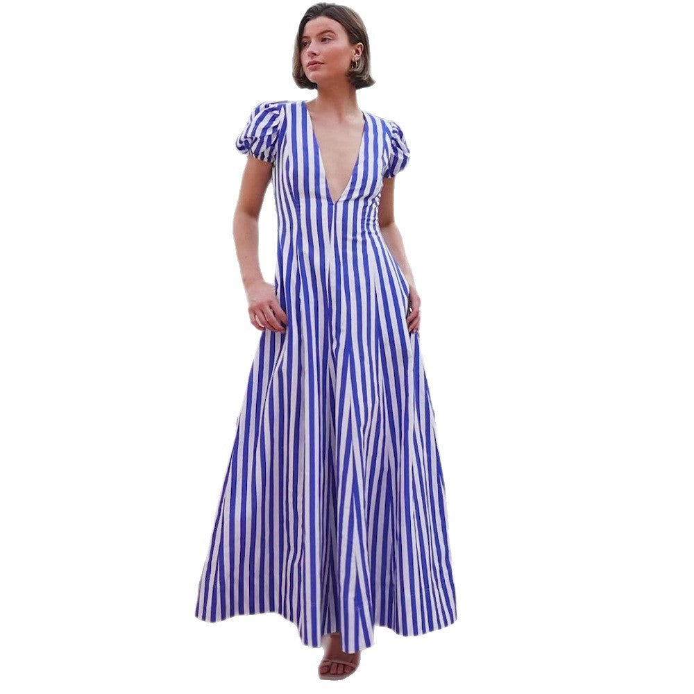 Damen Maxikleid mit tiefem V-Ausschnitt und voluminösen Puffärmeln EB