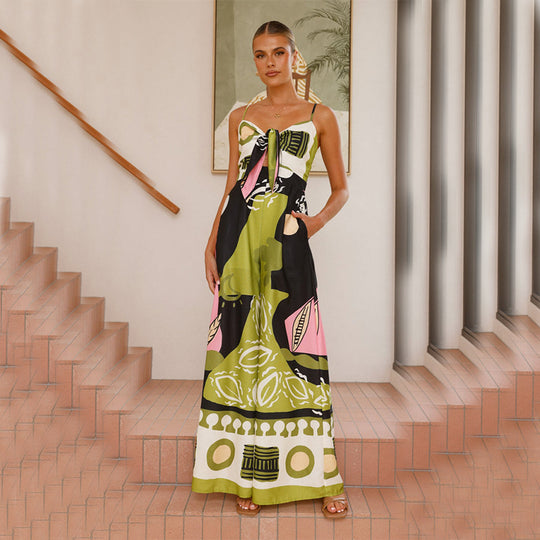 Damen Maxikleid im lebhaften Druckdesign mit schulterfreiem Schnitt und eleganten Trägern EB