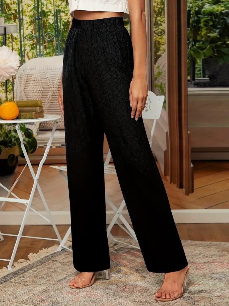 Damen Weite Leinenhose mit elastischem Bund und praktischen Taschen EB