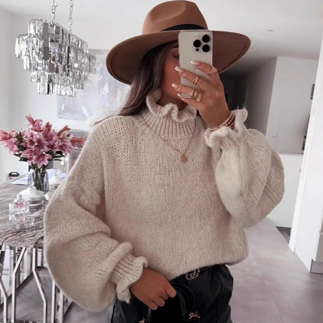 Damen kuscheliger Rollkragenpullover mit weiten Ärmeln und strukturellem Design EB