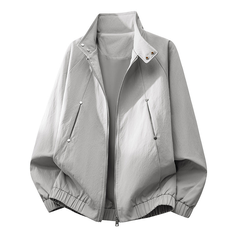 Herren ultraleichter Windbreaker-Blouson mit Stehkragen, elastischem Saum und verdeckten Druckknopf-Taschen EB