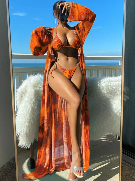 Damen Bikini-Set mit transparentem Kaftan und floralem Design EB