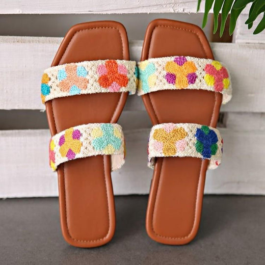 Damen Bunte Flauscher Slides mit floralem Design EB