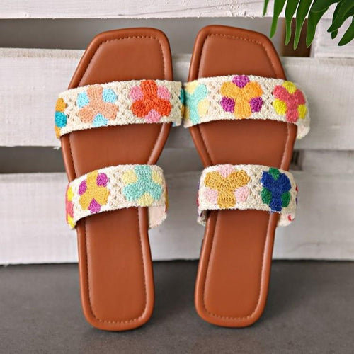 Damen Bunte Flauscher Slides mit floralem Design EB