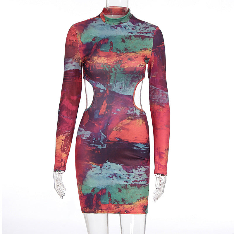 Damen figurbetontes Cut-Out Kleid mit hochgeschlossenem Kragen und luxuriösem Muster EB