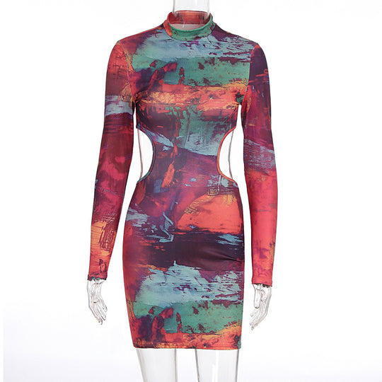 Damen figurbetontes Cut-Out Kleid mit hochgeschlossenem Kragen und luxuriösem Muster EB
