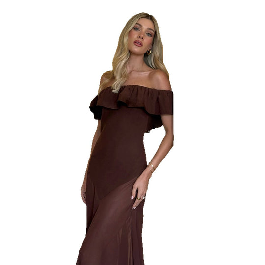 Damen Offshoulder Maxikleid mit voluminösem Rüschensaum EB