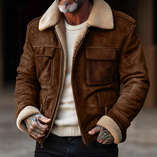 Herren nan Aviator-Lederjacke mit Lammfellimitat-Futter, aufgesetzten Brusttaschen und Reißverschluss EB