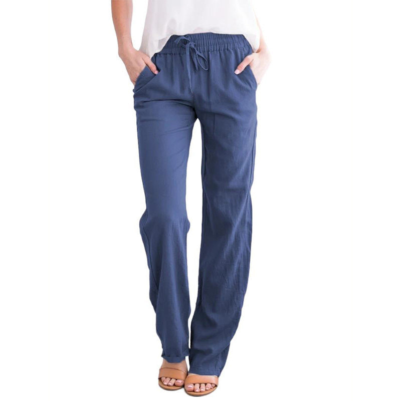 Damen nan leichte Leinenhose mit elastischem Bund Tunnelzug und weitem Bein EB