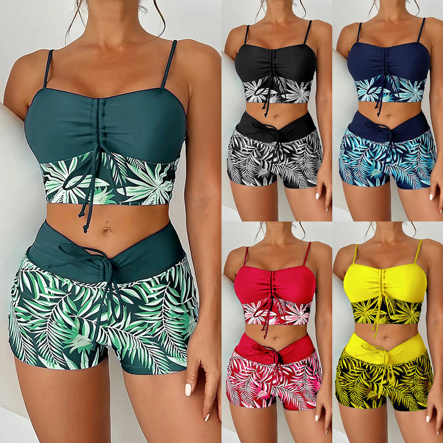 Damen Crop-Top Bikini mit floralem Design und bequemen Shorts EB