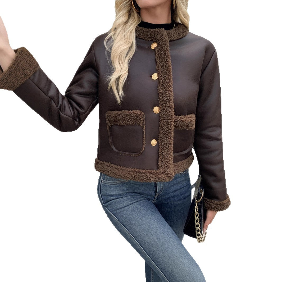 Damen Kurz geschnittene Texturjacke mit verdeckten Knöpfen und Taschen EB