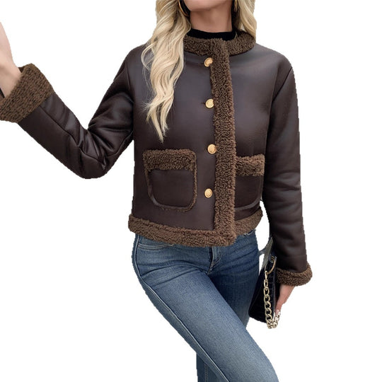 Damen Kurz geschnittene Texturjacke mit verdeckten Knöpfen und Taschen EB